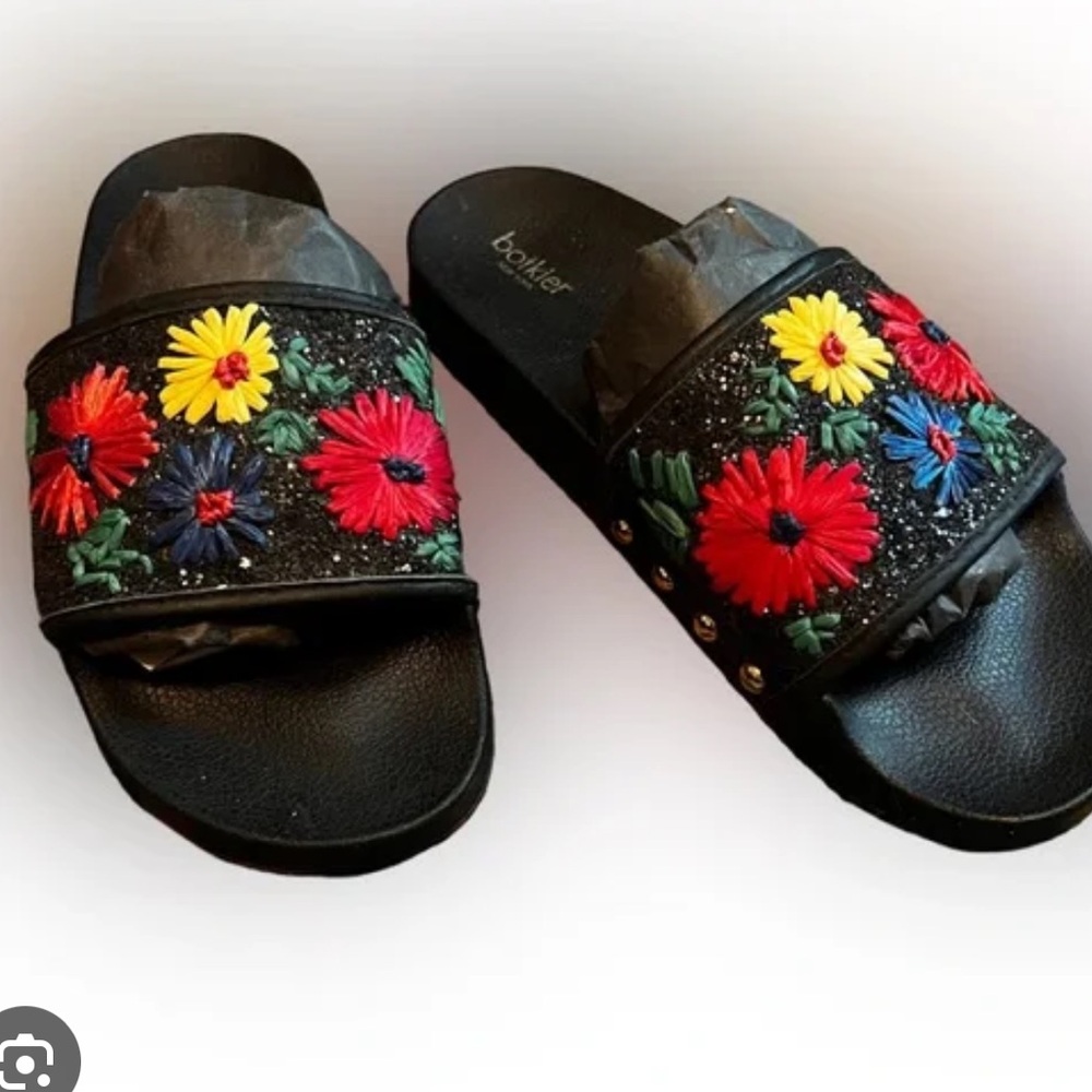 Botkier Black and Red Sandals with Bold Floral Design